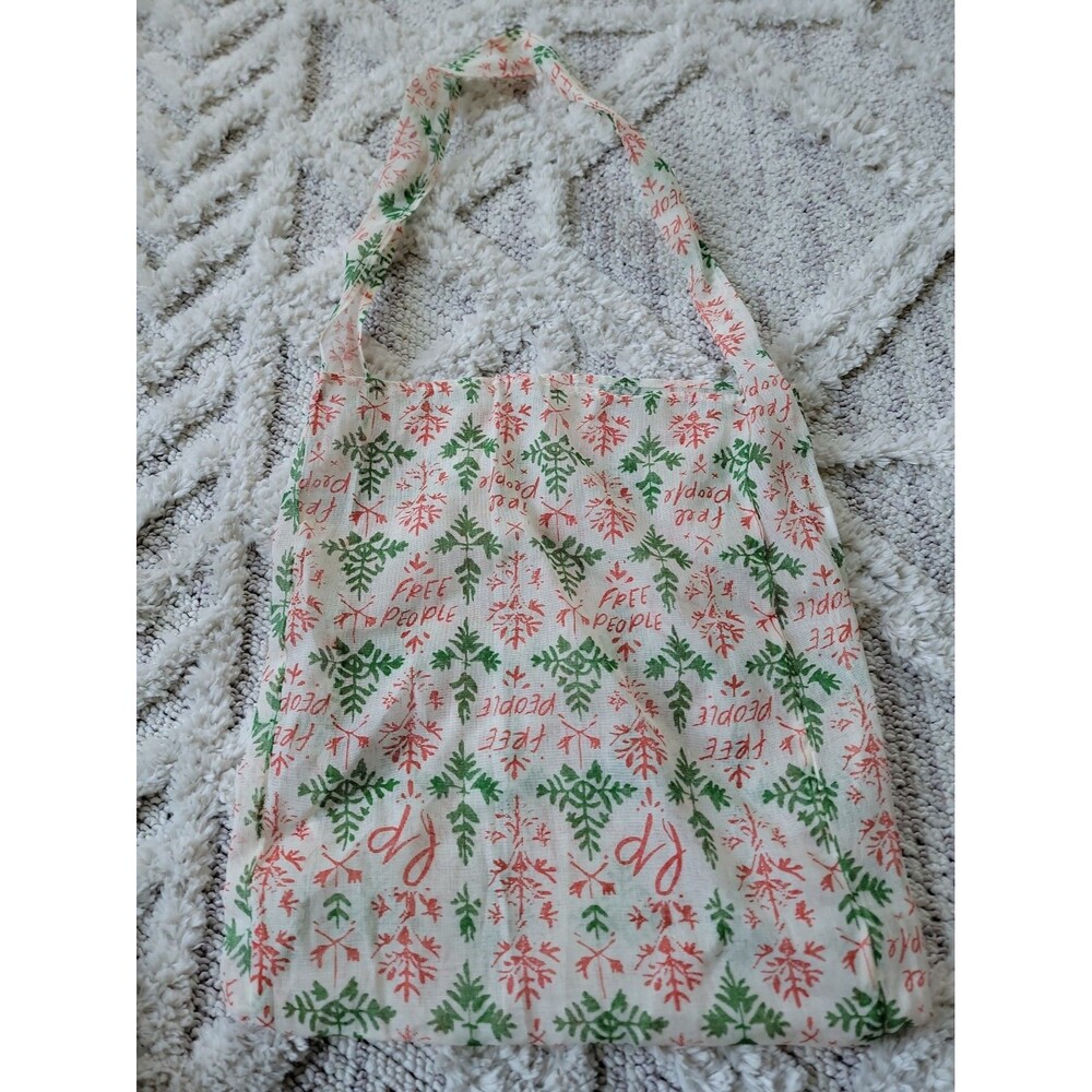 Free People Boho Holiday Logo Reusable Tote Bag Cream Red Green Snowflake Large